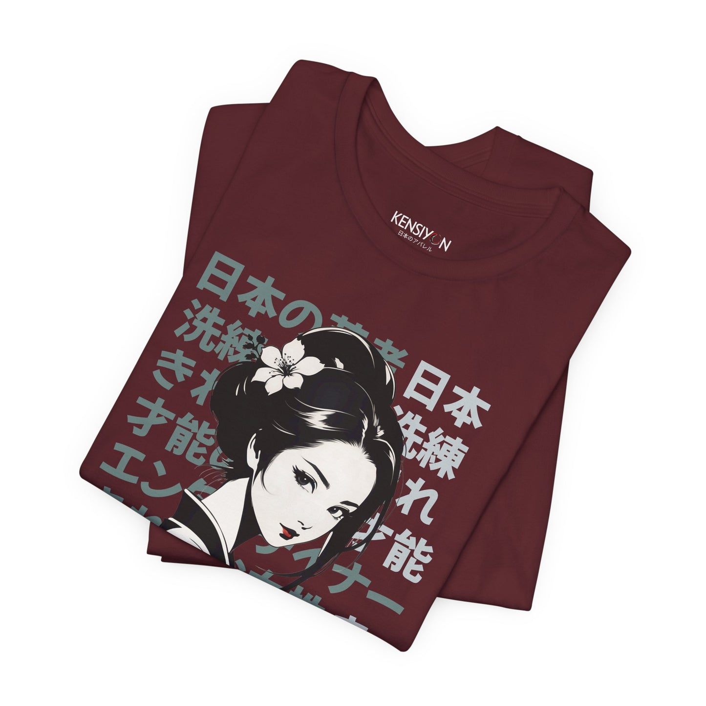 Sophisticated and Talented Geisha T-Shirt__Maroon__ Folded Unisex T-Shirt