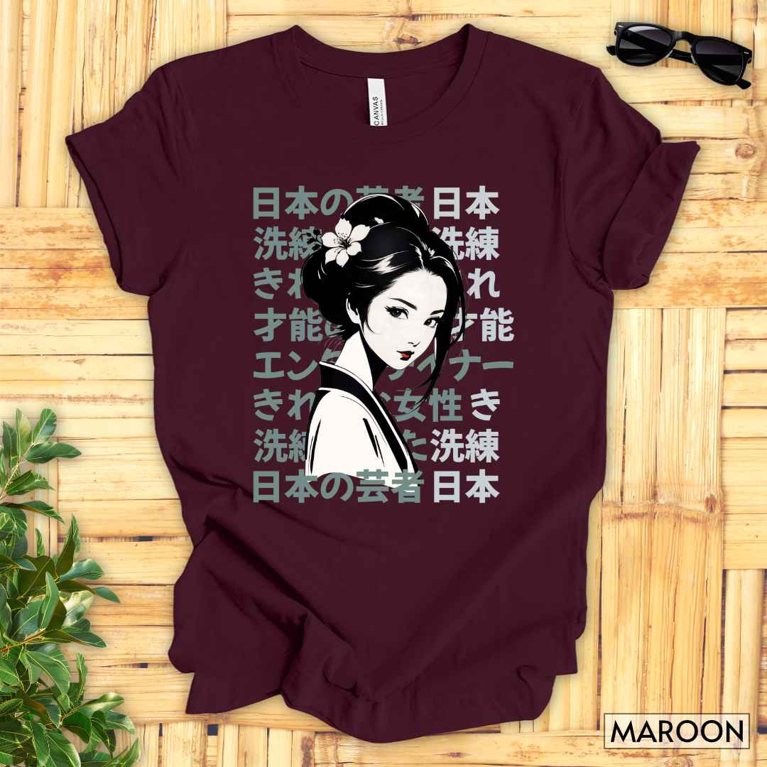 Sophisticated and Talented Geisha T-Shirt__Maroon__ Mockup Unisex T-Shirt