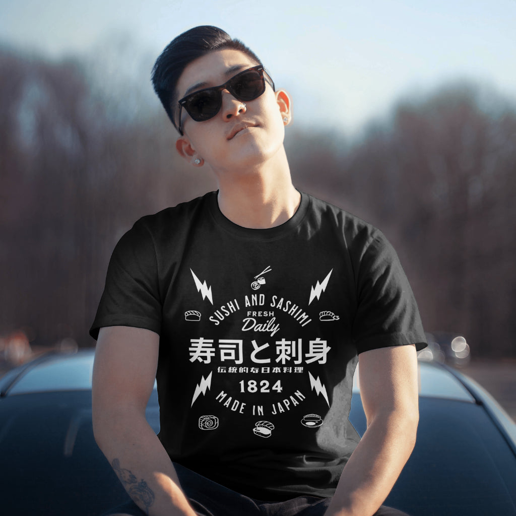Sushi_and_Sashimi_Typography_Unisex_T-Shirt__Black__Mockup_1
