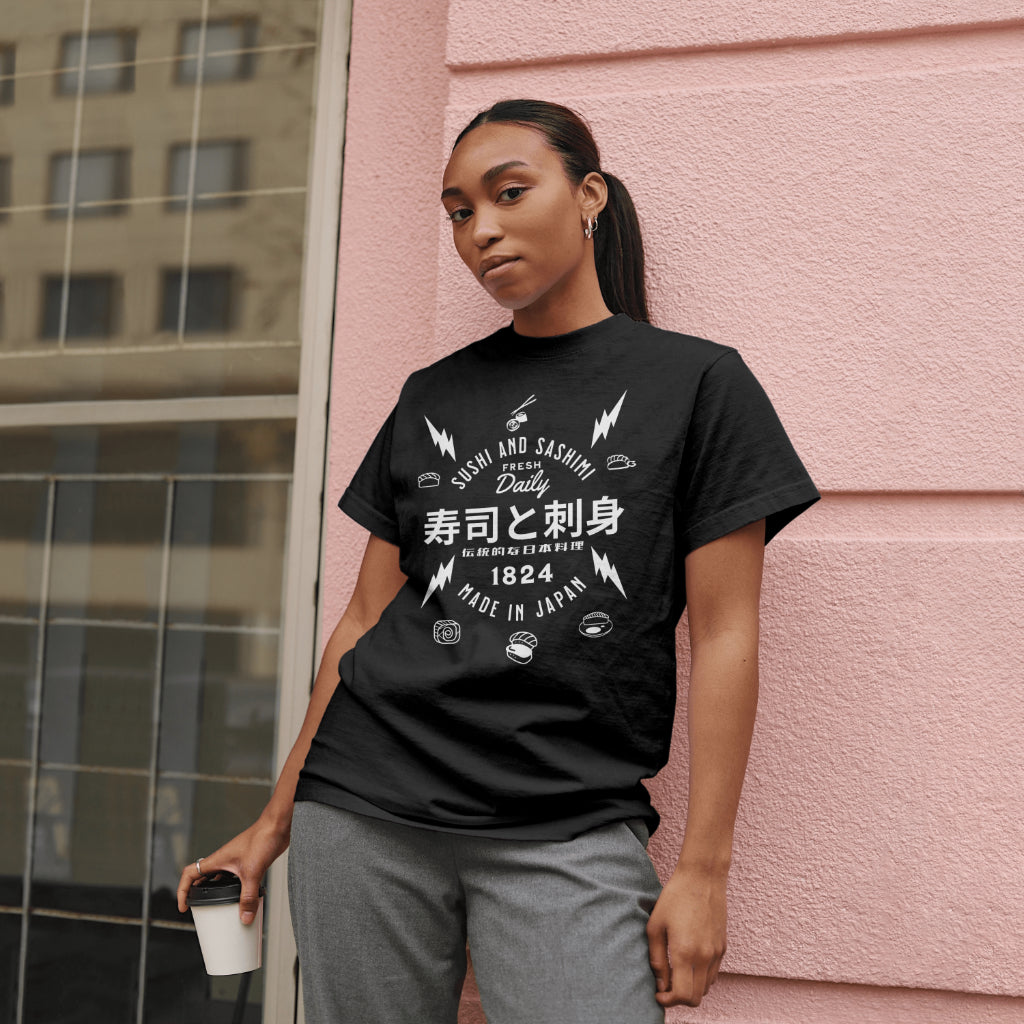 Sushi_and_Sashimi_Typography_Unisex_T-Shirt__Black__Mockup_2
