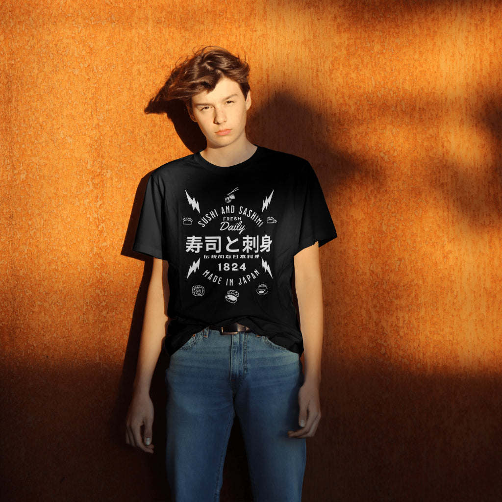 Sushi_and_Sashimi_Typography_Unisex_T-Shirt__Black__Mockup_3