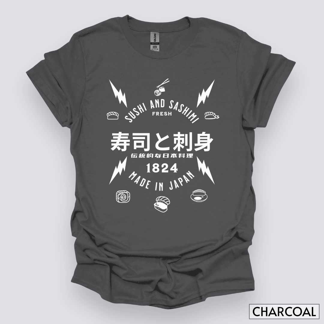Sushi_and_Sashimi_Typography_Unisex_T-Shirt__Charcoal__Mockup