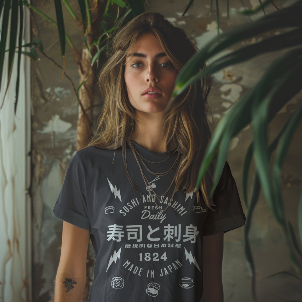 Sushi_and_Sashimi_Typography_Unisex_T-Shirt__Charcoal__Mockup_1