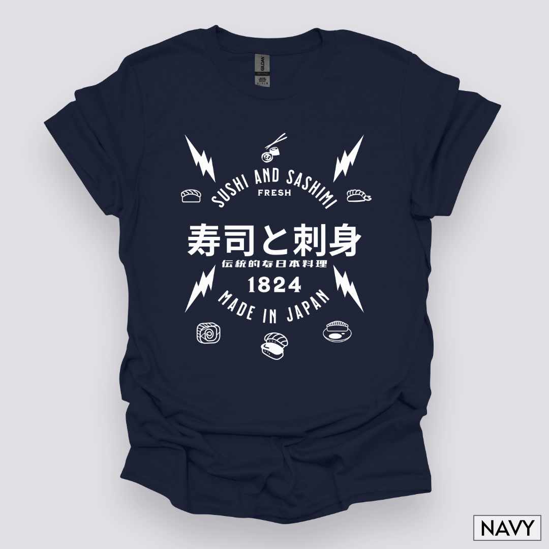 Sushi_and_Sashimi_Typography_Unisex_T-Shirt__Navy__Mockup