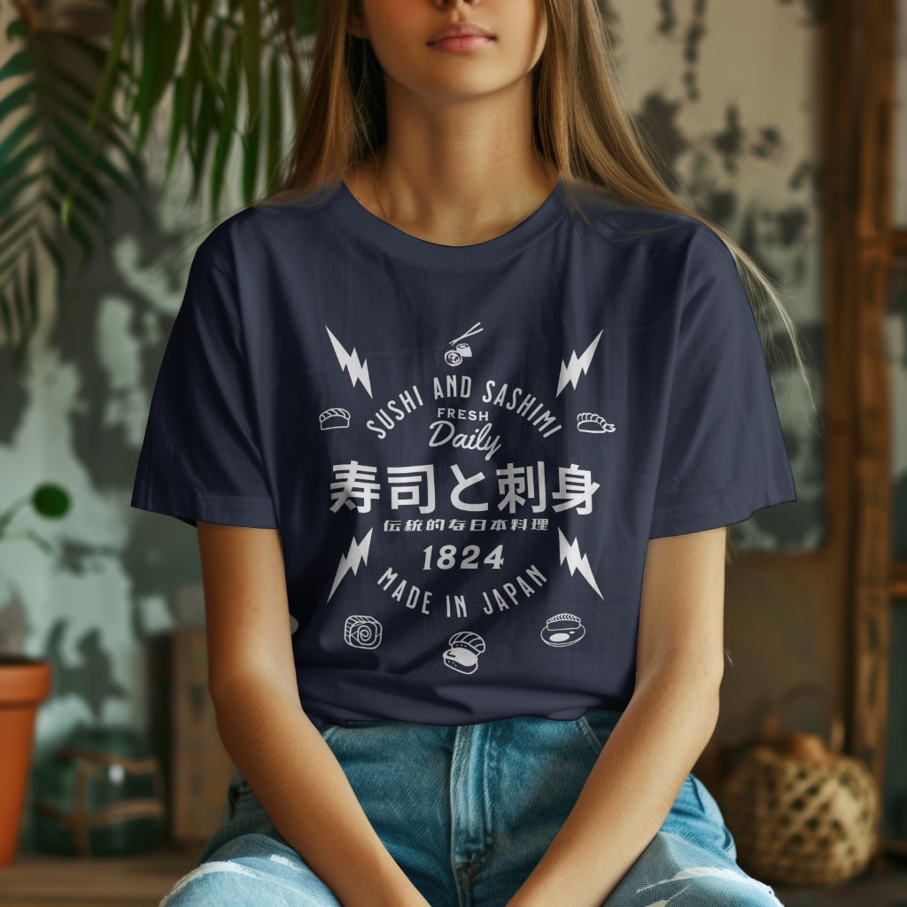 Sushi_and_Sashimi_Typography_Unisex_T-Shirt__Navy__Mockup_1