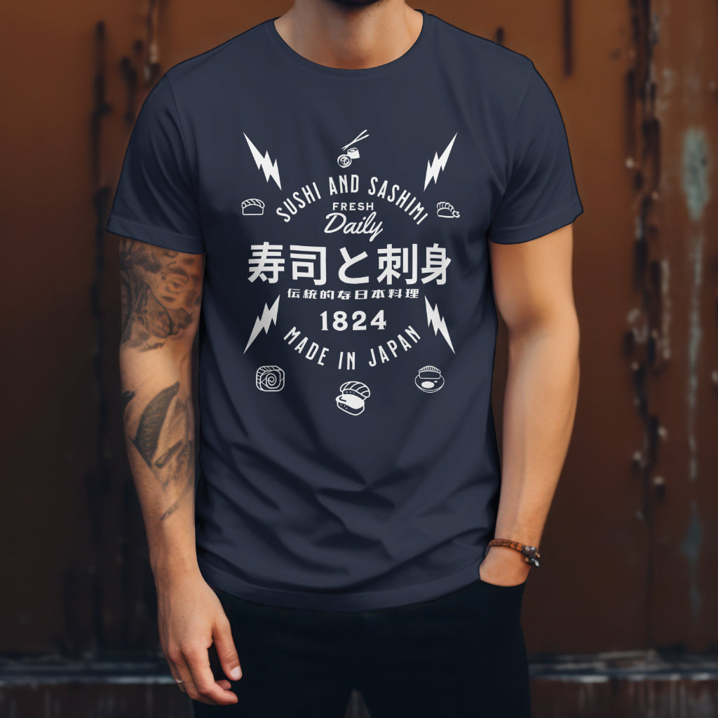 Sushi_and_Sashimi_Typography_Unisex_T-Shirt__Navy__Mockup_2