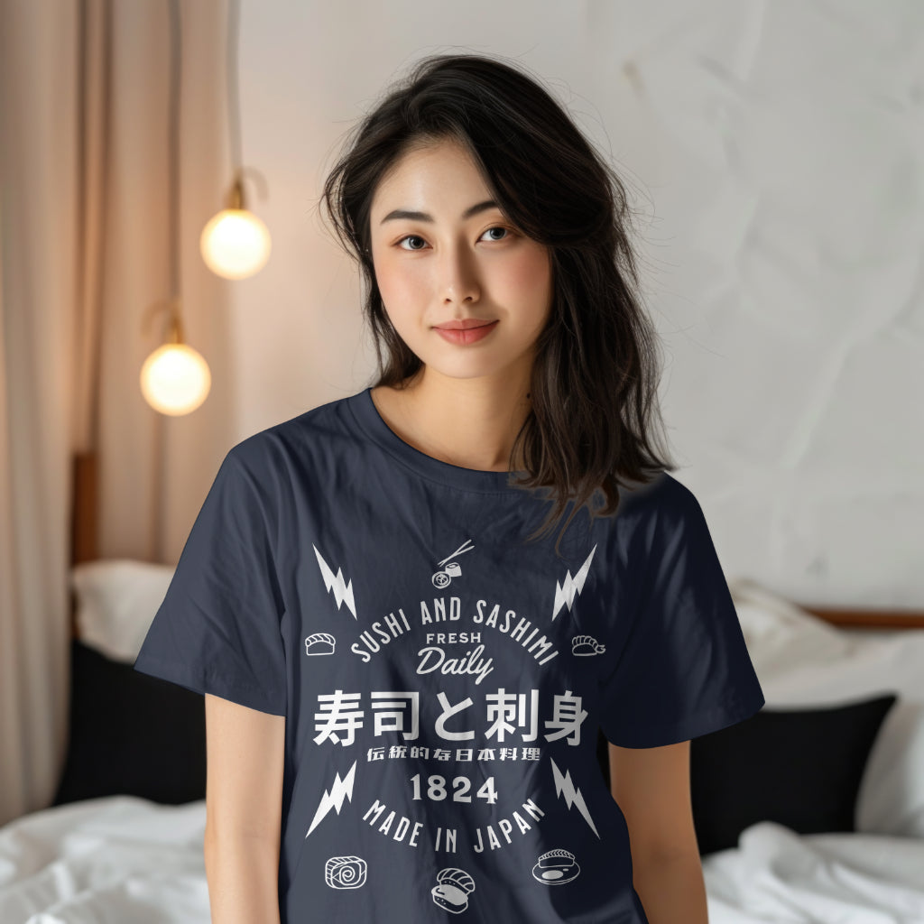 Sushi_and_Sashimi_Typography_Unisex_T-Shirt__Navy__Mockup_3