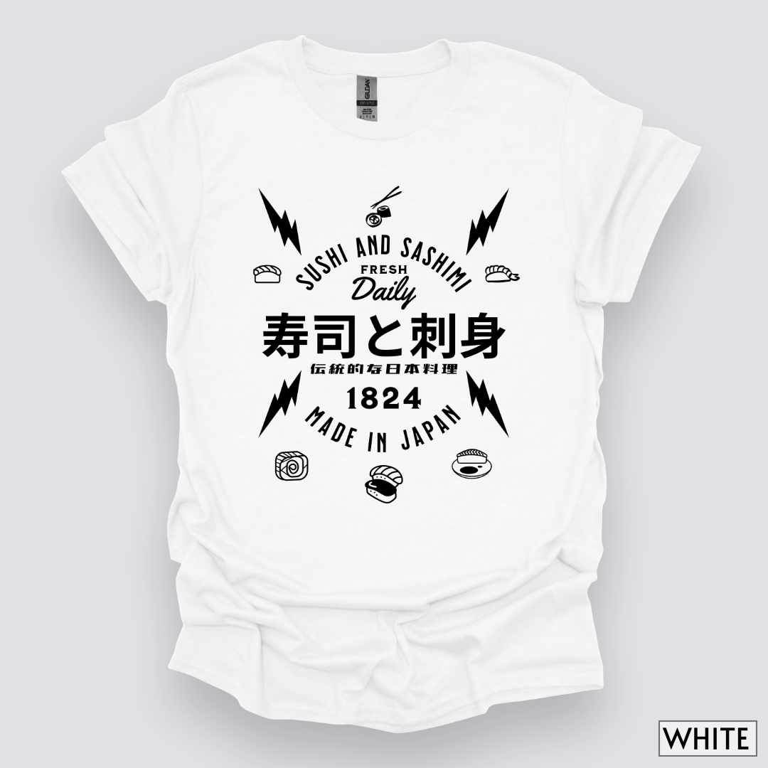 Sushi_and_Sashimi_Typography_Unisex_T-Shirt__White__Mockup