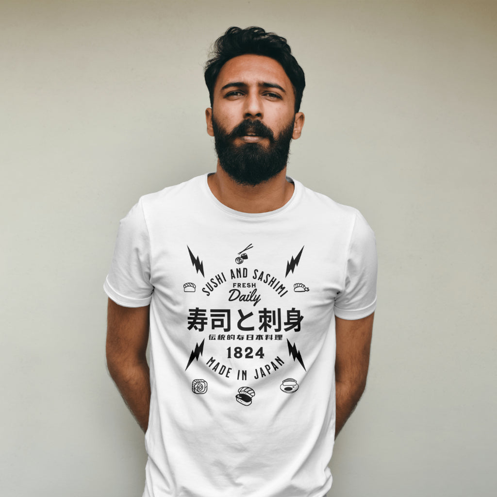 Sushi_and_Sashimi_Typography_Unisex_T-Shirt__White__Mockup_1