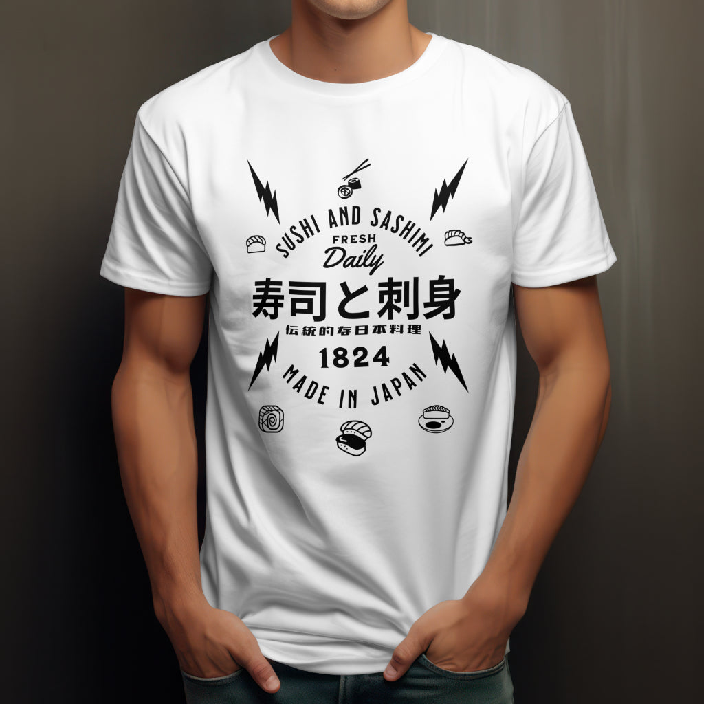 Sushi_and_Sashimi_Typography_Unisex_T-Shirt__White__Mockup_2