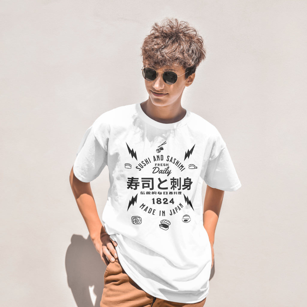 Sushi_and_Sashimi_Typography_Unisex_T-Shirt__White__Mockup_3