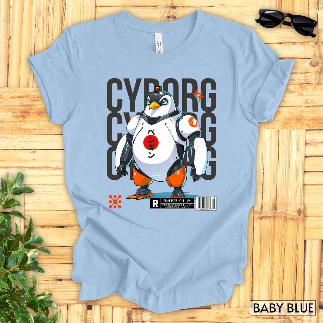 Cyborg Penguin T-Shirt__Baby Blue__ Mockup Unisex T-Shirt