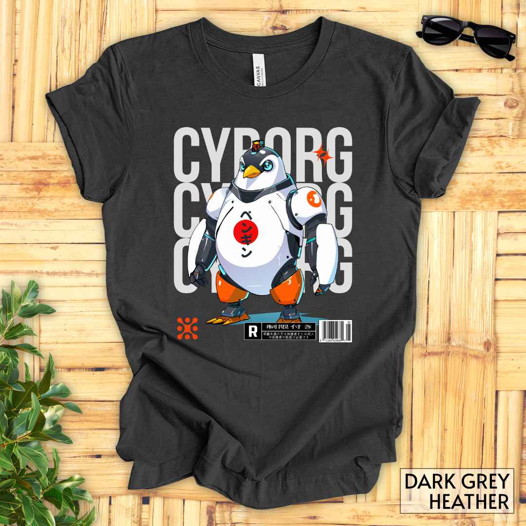 Cyborg Penguin T-Shirt__Dark Grey Heather__ Mockup Unisex T-Shirt