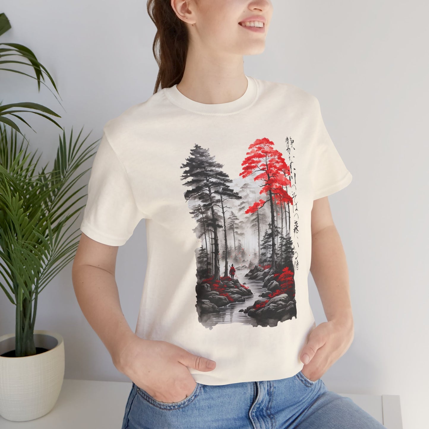 Sumi-e Samurai in a Forest T-Shirt__Natural__ Lifestyle Unisex T-Shirt