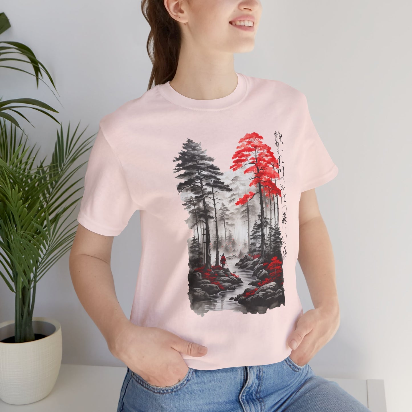 Sumi-e Samurai in a Forest T-Shirt__Soft Pink__ Lifestyle Unisex T-Shirt