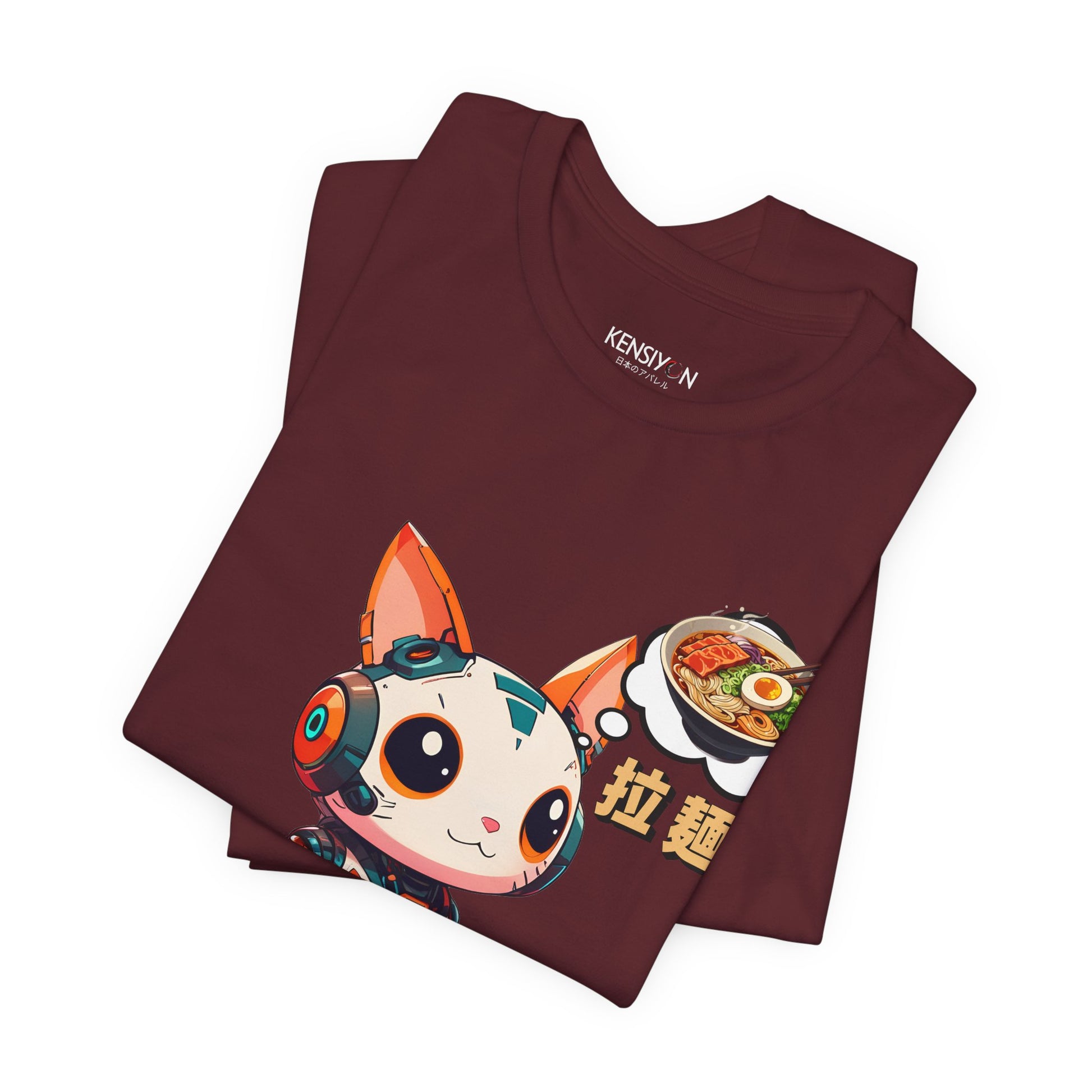 Kawaii Robot Rabbit Thinking of Ramen Noodles T-Shirt__Maroon__ Folded Unisex T-Shirt