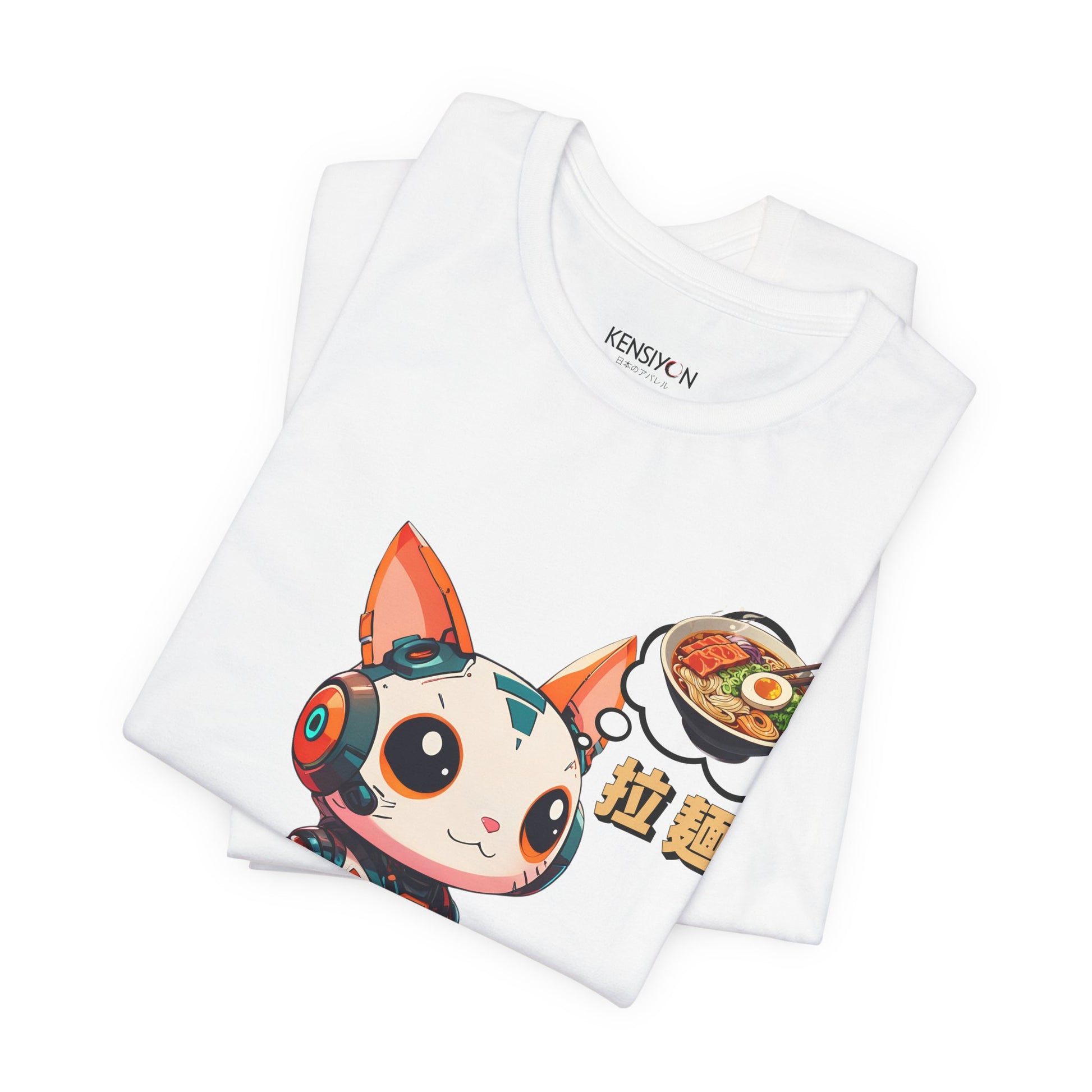 Kawaii Robot Rabbit Thinking of Ramen Noodles T-Shirt__White__ Folded Unisex T-Shirt