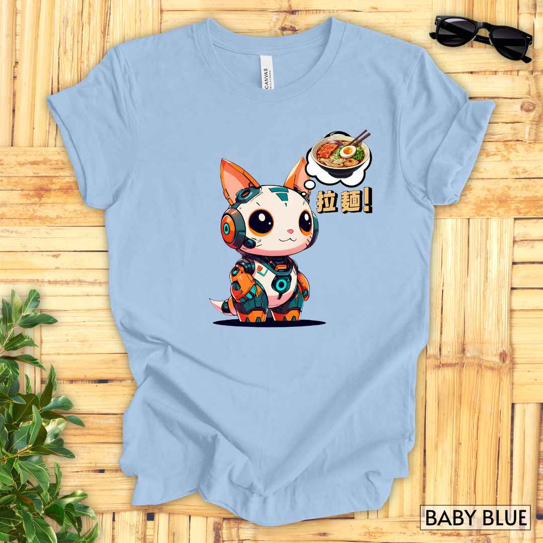 Kawaii Robot Rabbit Thinking of Ramen Noodles T-Shirt__Baby Blue__ Mockup Unisex T-Shirt