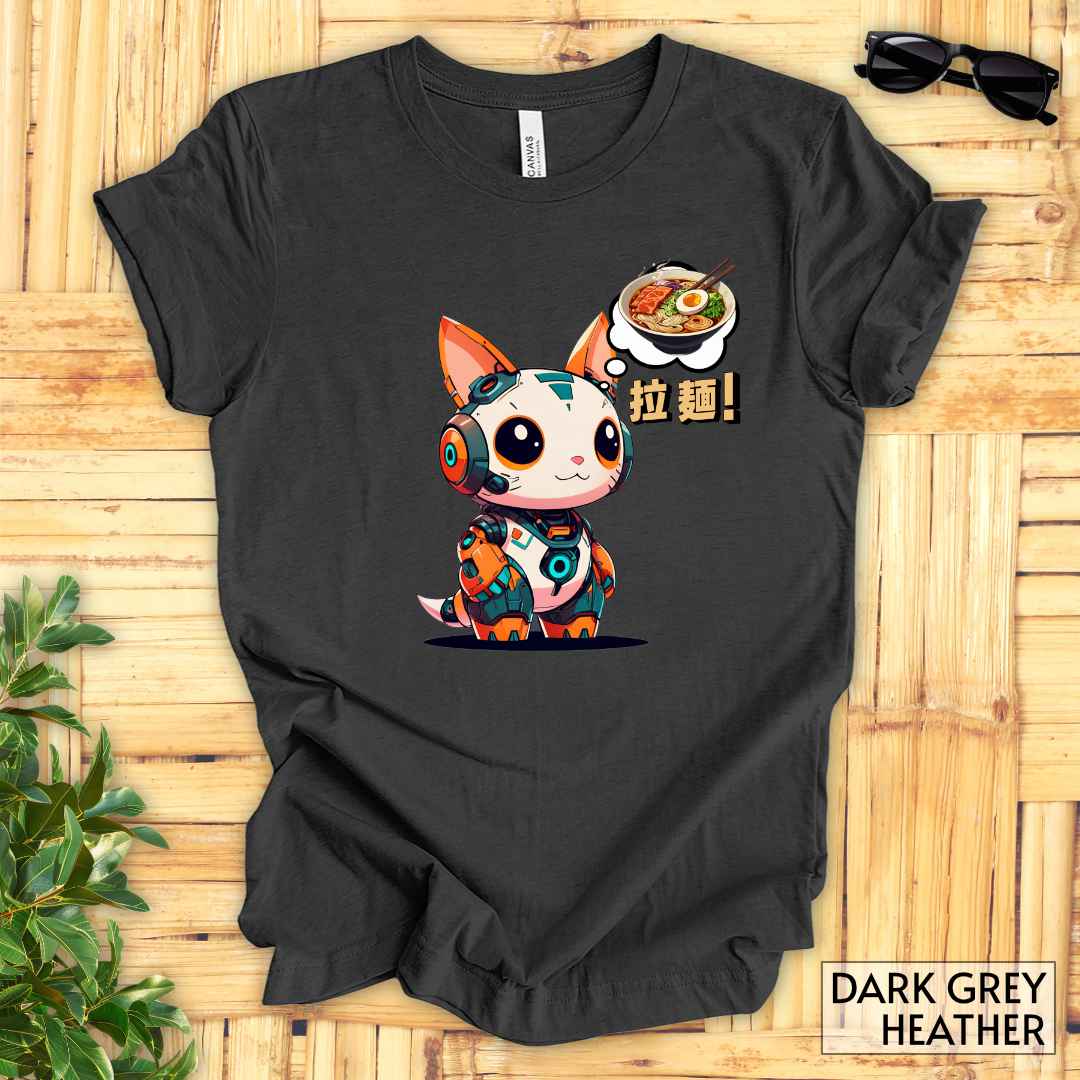 Kawaii Robot Rabbit Thinking of Ramen Noodles T-Shirt__Dark Grey Heather__ Mockup Unisex T-Shirt