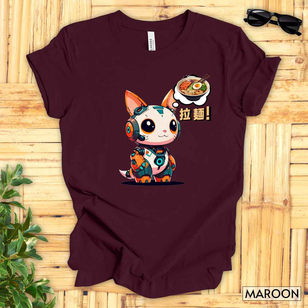 Kawaii Robot Rabbit Thinking of Ramen Noodles T-Shirt__Maroon__ Mockup Unisex T-Shirt