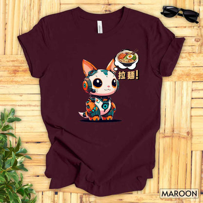 Kawaii Robot Rabbit Thinking of Ramen Noodles T-Shirt__Maroon__ Mockup Unisex T-Shirt