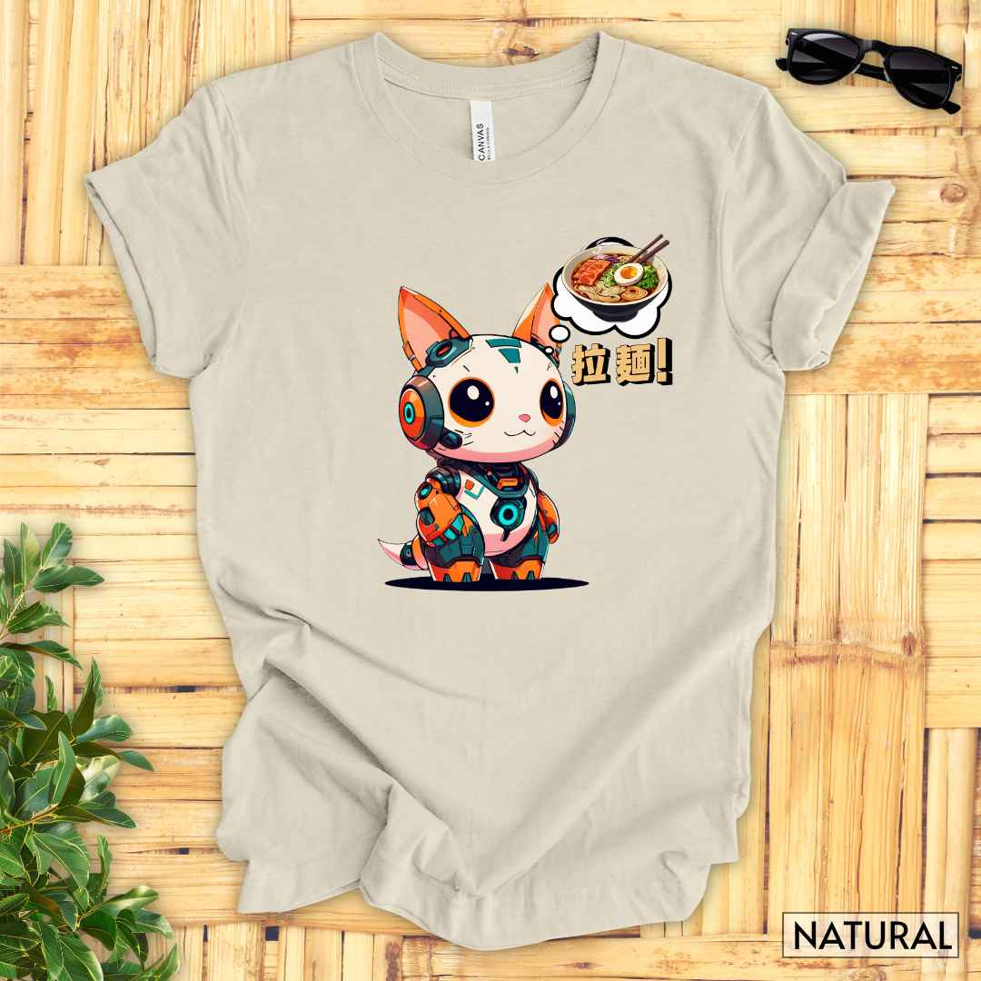 Kawaii Robot Rabbit Thinking of Ramen Noodles T-Shirt__Natural__ Mockup Unisex T-Shirt