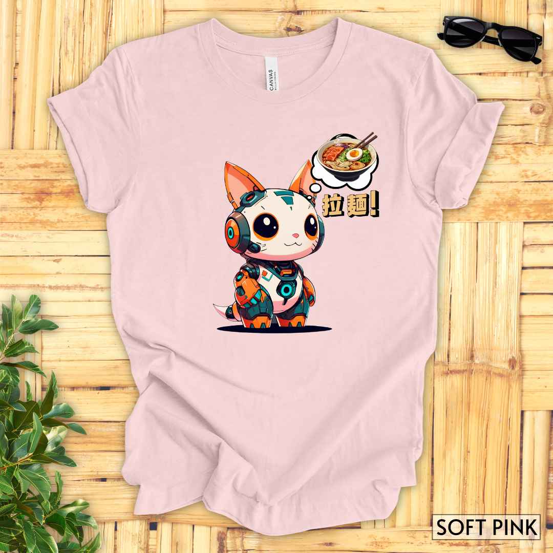 Kawaii Robot Rabbit Thinking of Ramen Noodles T-Shirt__Soft Pink__ Mockup Unisex T-Shirt