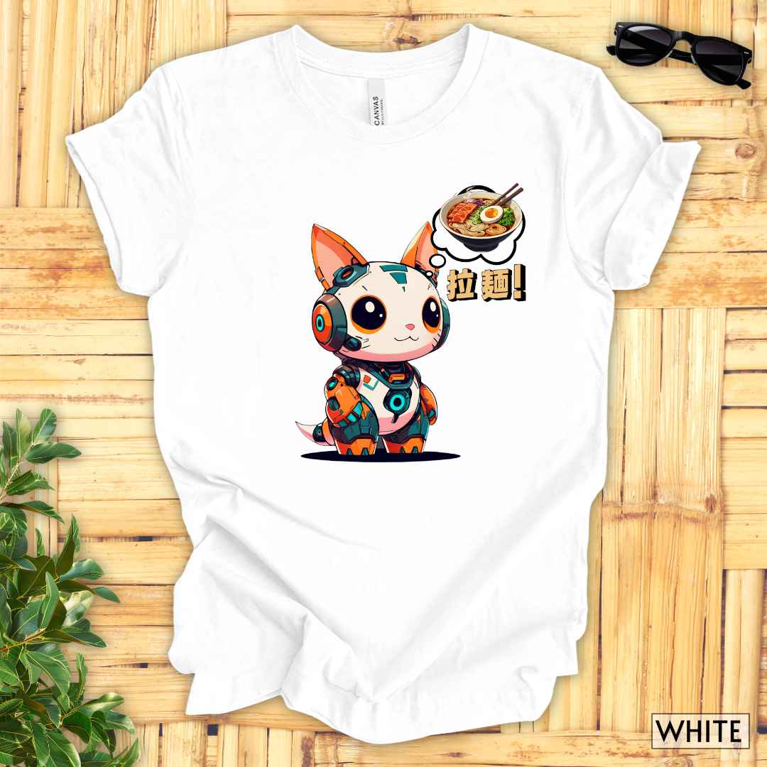 Kawaii Robot Rabbit Thinking of Ramen Noodles T-Shirt__White__ Mockup Unisex T-Shirt