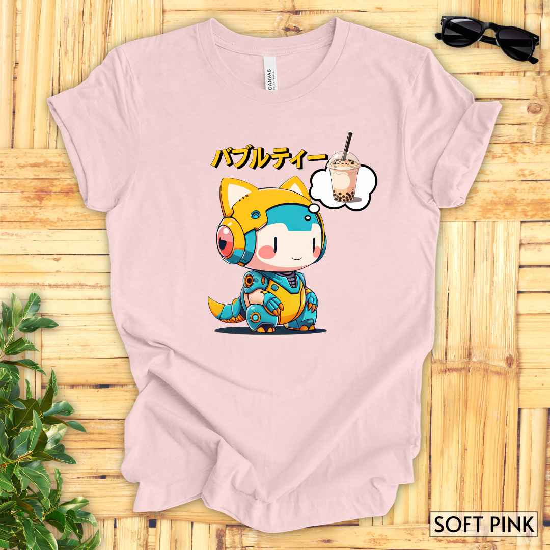 Kawaii Animal Robot Thinking of Bubble Tea T-Shirt__Soft Pink__ Mockup Unisex T-Shirt