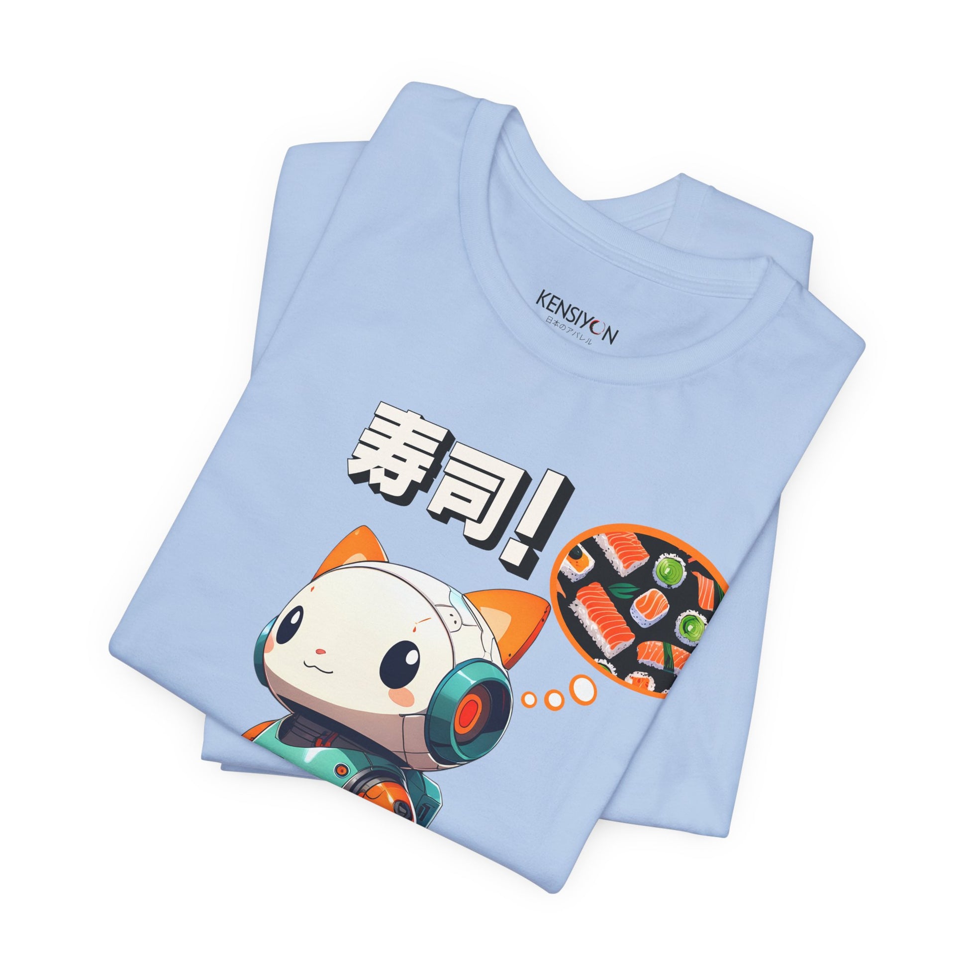 Kawaii Robot Rabbit Thinking of Sushi T-Shirt__Baby Blue__ Folded Unisex T-Shirt