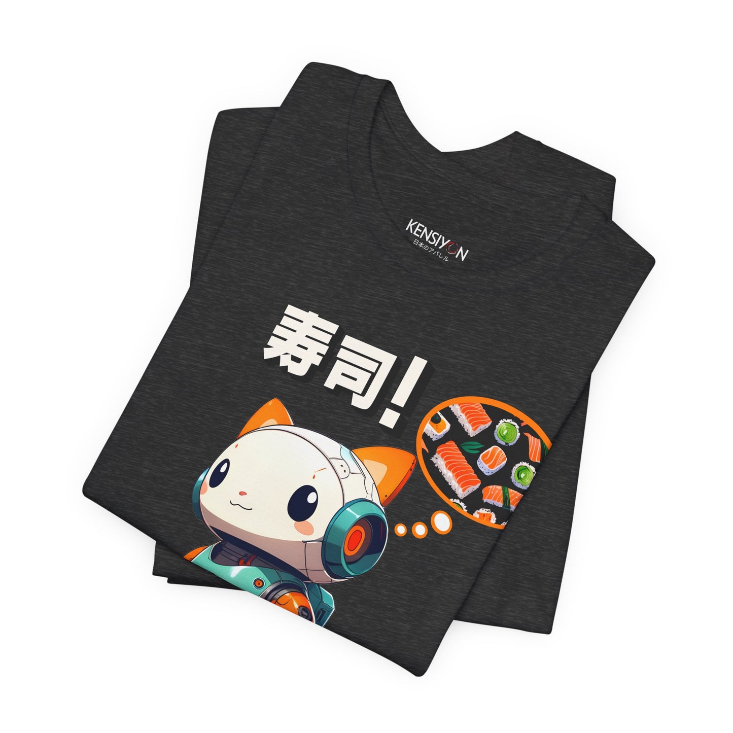 Kawaii Robot Rabbit Thinking of Sushi T-Shirt__Dark Grey Heather__ Folded Unisex T-Shirt