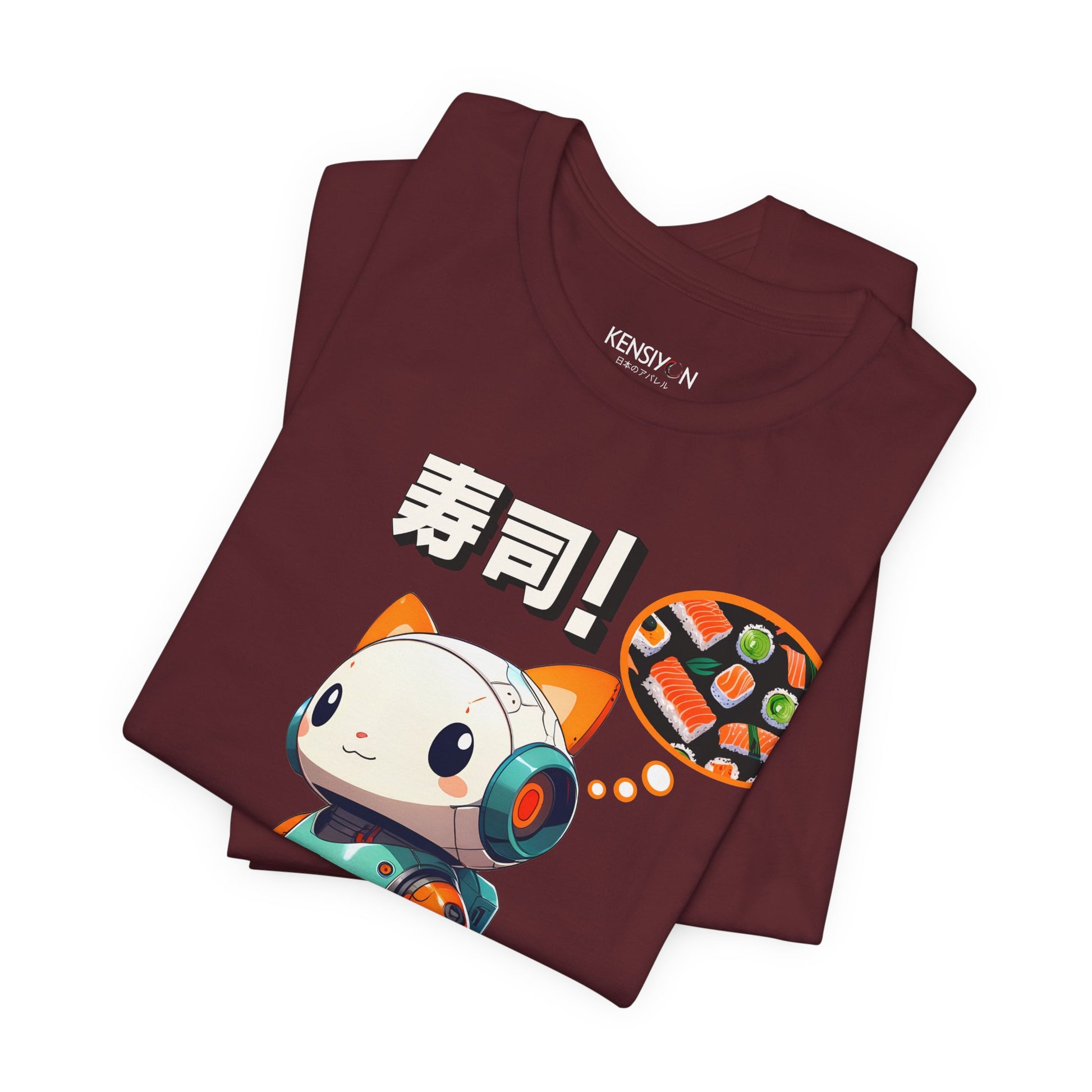 Kawaii Robot Rabbit Thinking of Sushi T-Shirt__Maroon__ Folded Unisex T-Shirt