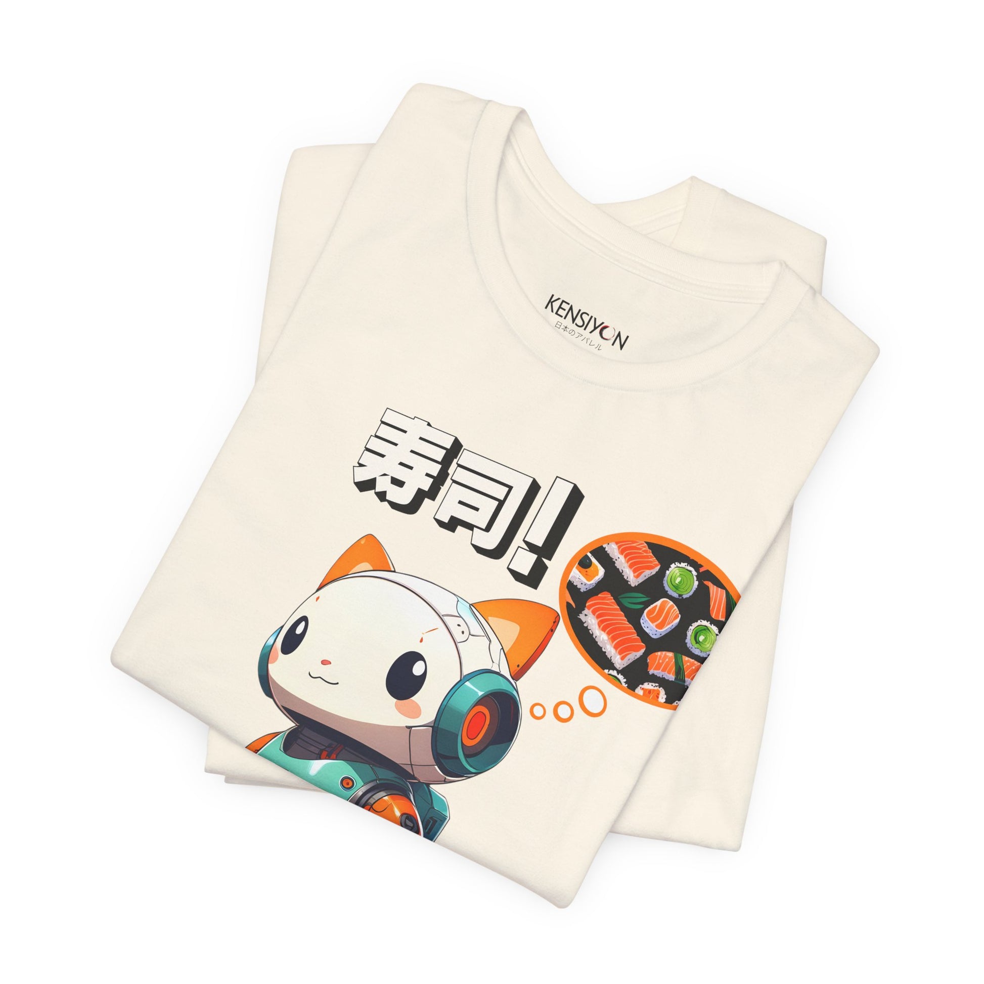 Kawaii Robot Rabbit Thinking of Sushi T-Shirt__Natural__ Folded Unisex T-Shirt