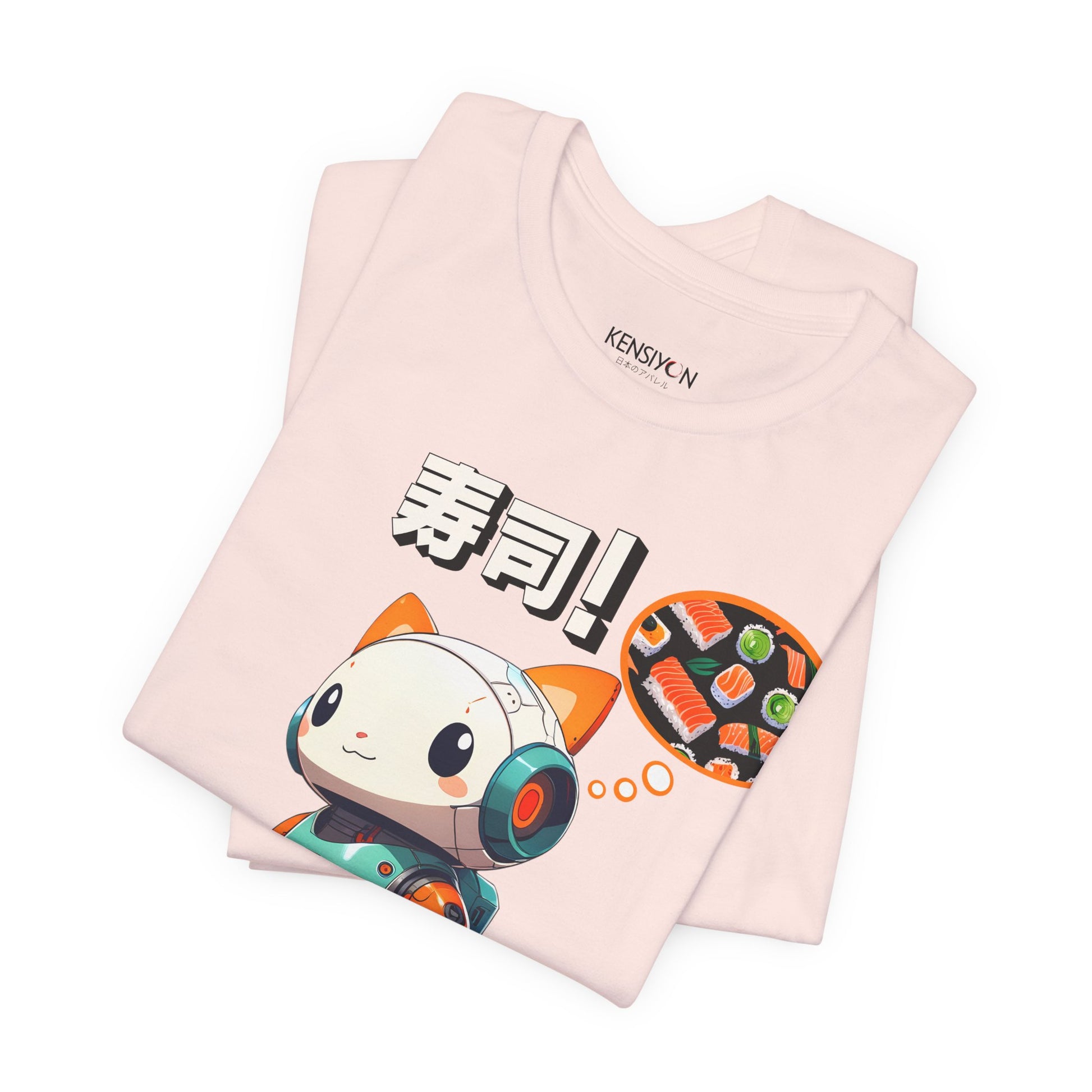 Kawaii Robot Rabbit Thinking of Sushi T-Shirt__Soft Pink__ Folded Unisex T-Shirt