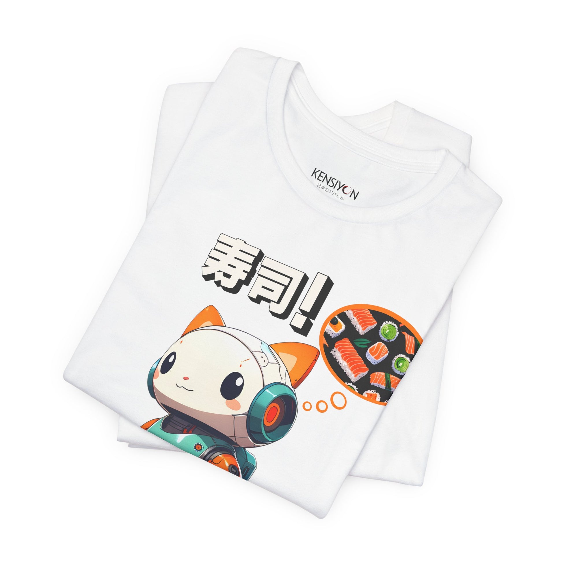 Kawaii Robot Rabbit Thinking of Sushi T-Shirt__White__ Folded Unisex T-Shirt