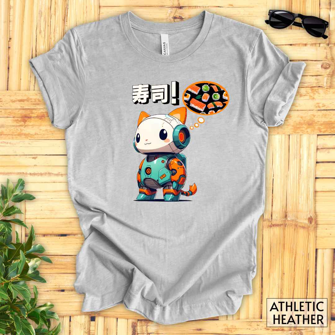 Kawaii Robot Rabbit Thinking of Sushi T-Shirt__Athletic Heather__ Mockup Unisex T-Shirt