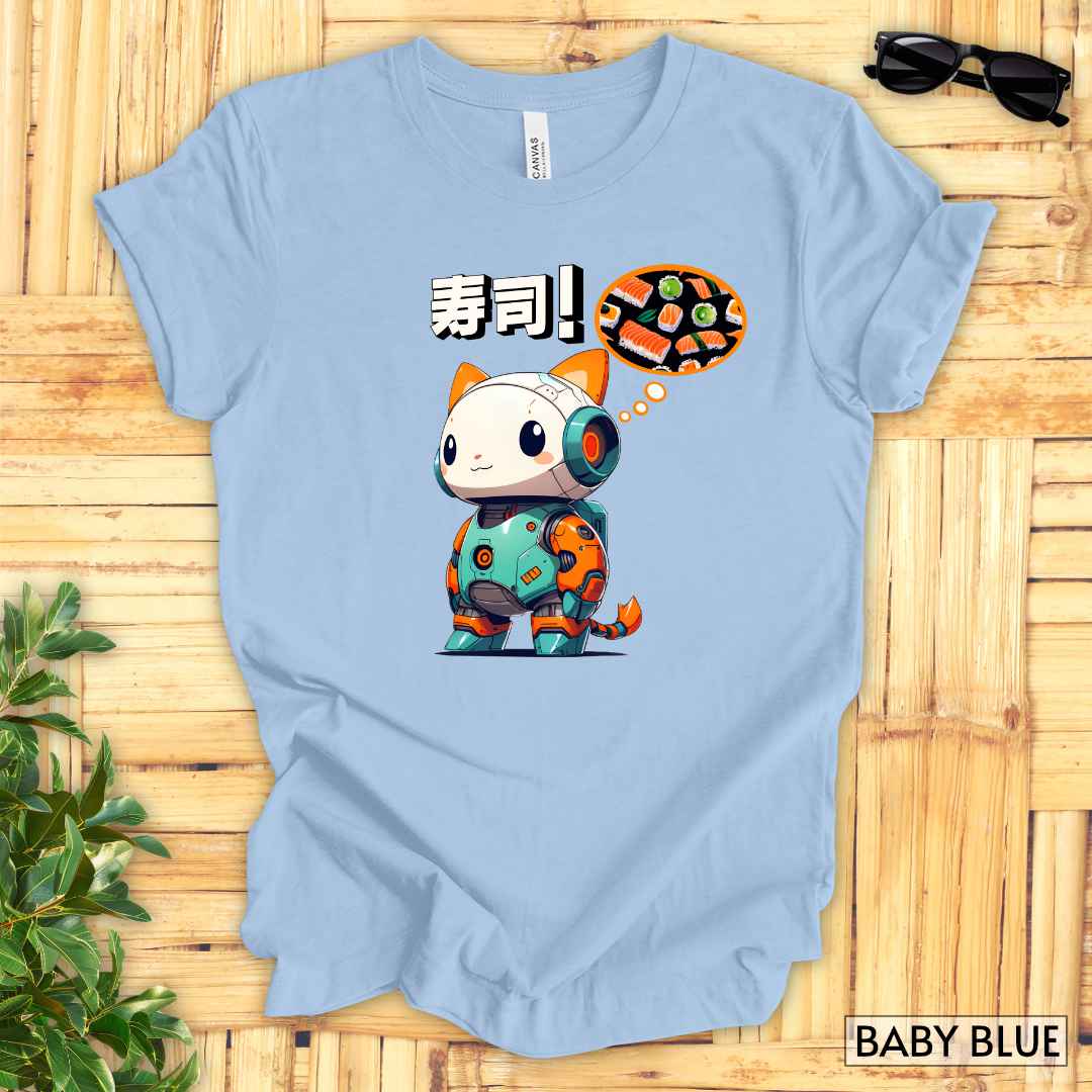 Kawaii Robot Rabbit Thinking of Sushi T-Shirt__Baby Blue__ Mockup Unisex T-Shirt