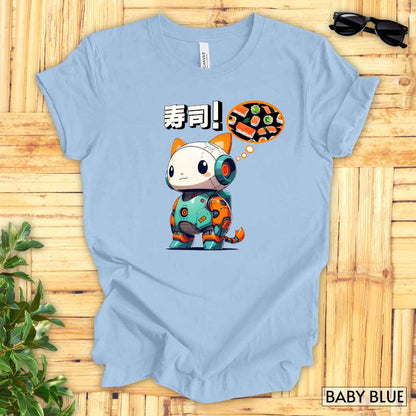 Kawaii Robot Rabbit Thinking of Sushi T-Shirt__Baby Blue__ Mockup Unisex T-Shirt