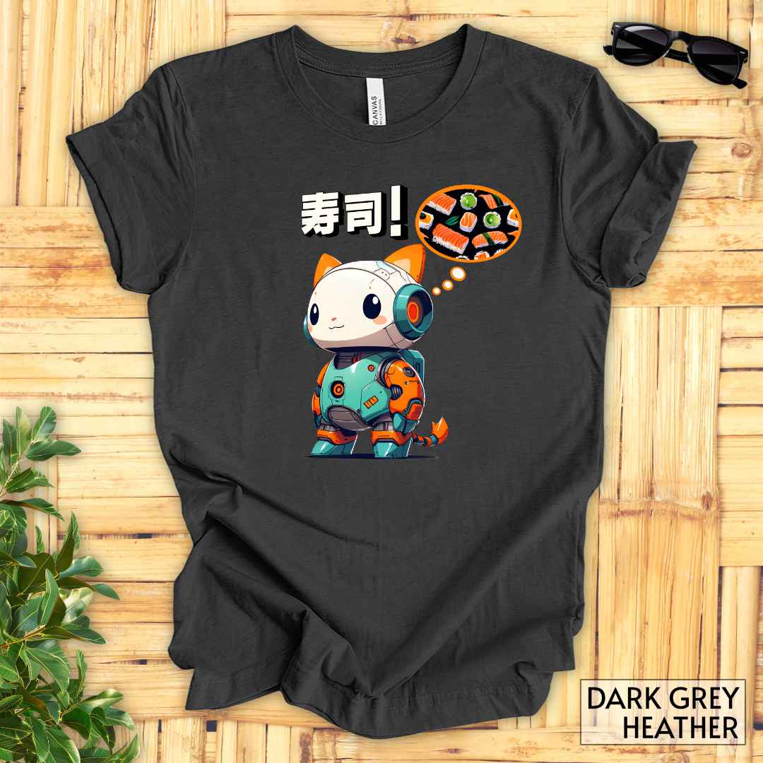 Kawaii Robot Rabbit Thinking of Sushi T-Shirt__Dark Grey Heather__ Mockup Unisex T-Shirt