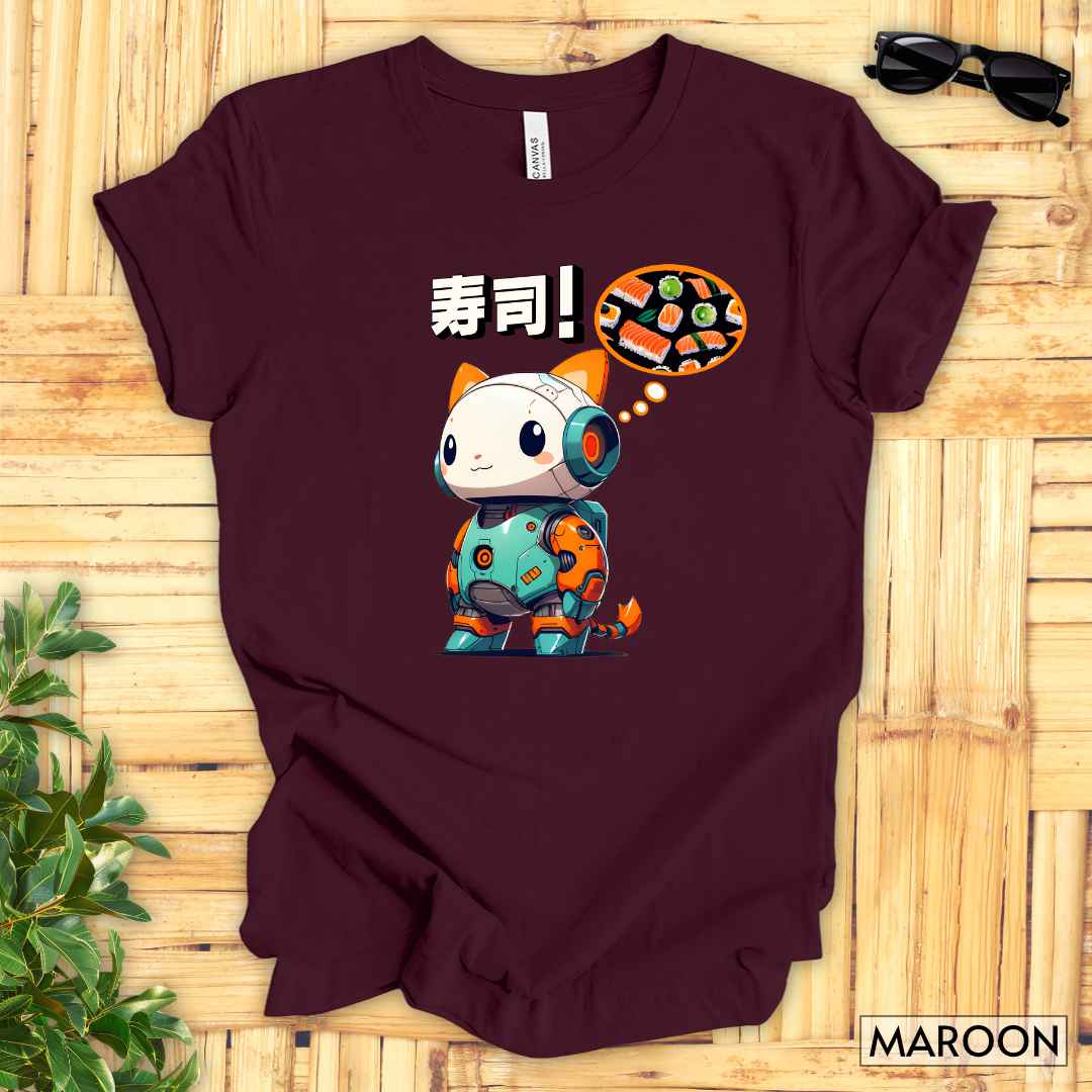 Kawaii Robot Rabbit Thinking of Sushi T-Shirt__Maroon__ Mockup Unisex T-Shirt
