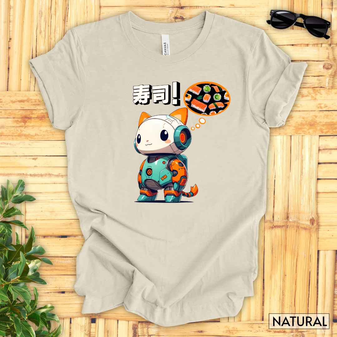 Kawaii Robot Rabbit Thinking of Sushi T-Shirt__Natural__ Mockup Unisex T-Shirt