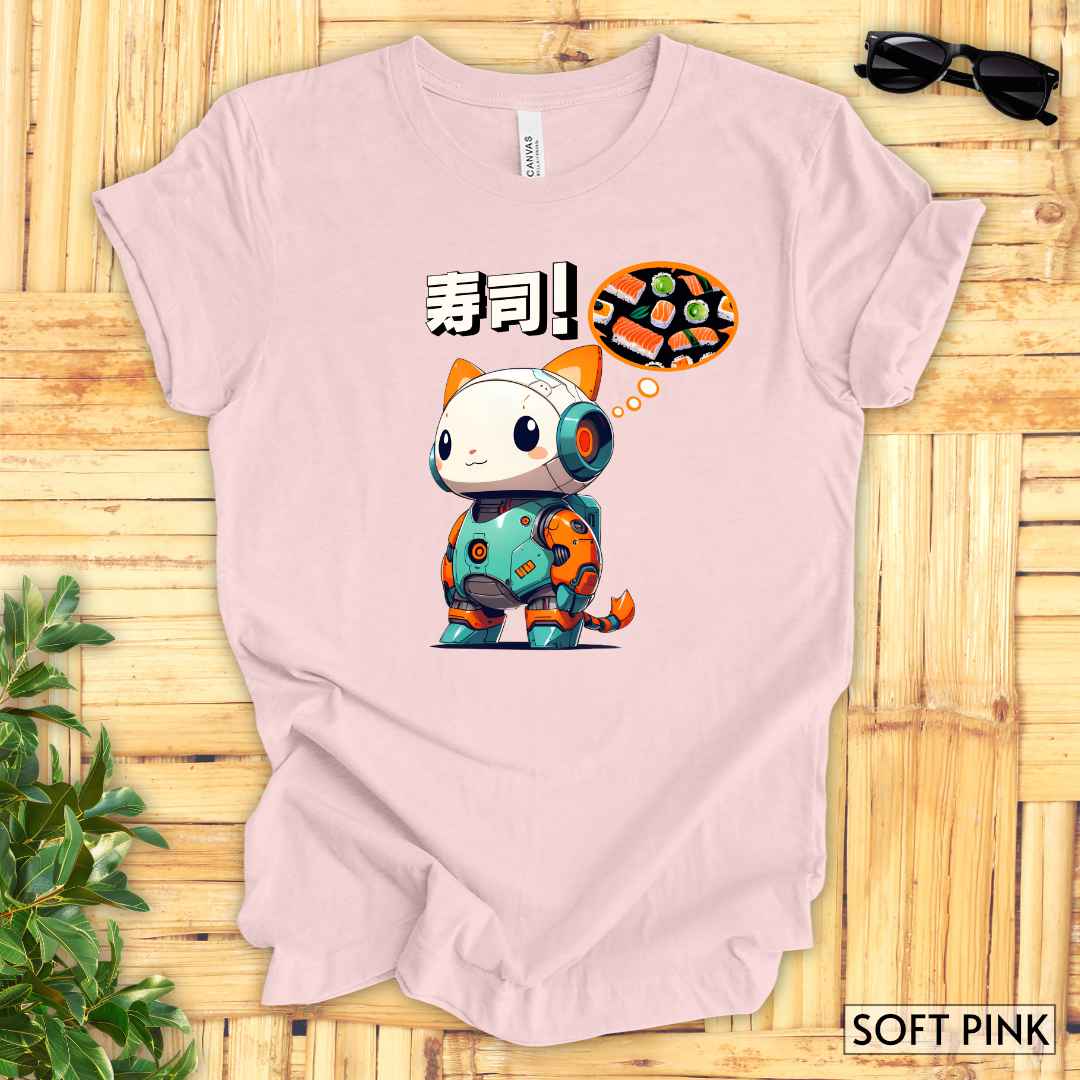 Kawaii Robot Rabbit Thinking of Sushi T-Shirt__Soft Pink__ Mockup Unisex T-Shirt