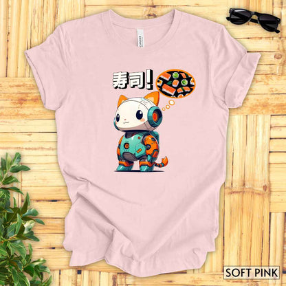 Kawaii Robot Rabbit Thinking of Sushi T-Shirt__Soft Pink__ Mockup Unisex T-Shirt