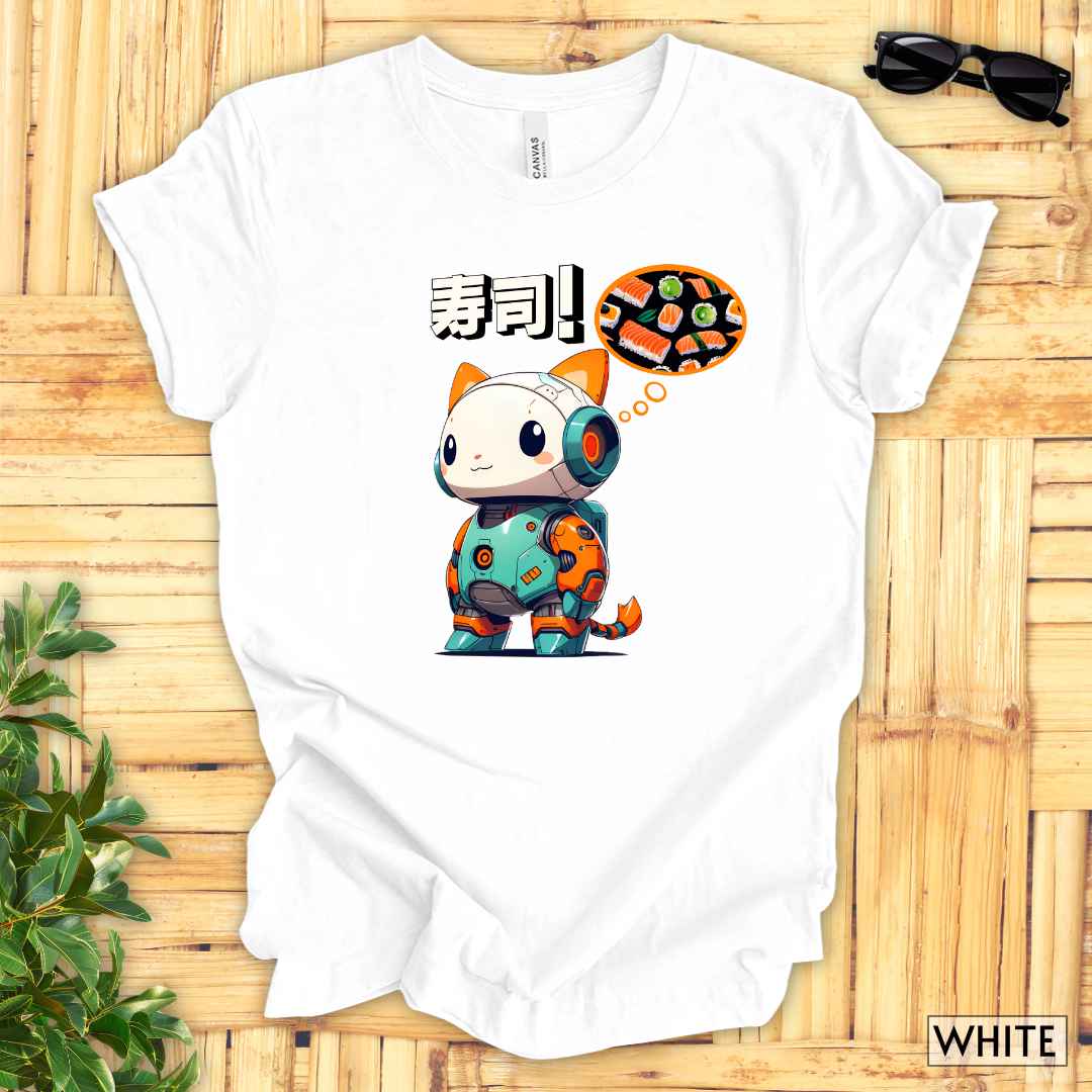 Kawaii Robot Rabbit Thinking of Sushi T-Shirt__White__ Mockup Unisex T-Shirt