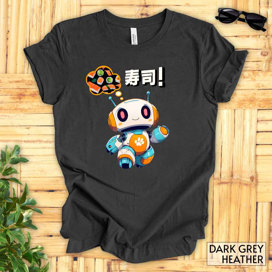 Kawaii Robot Thinking of Sushi T-Shirt__Dark Grey Heather__ Mockup Unisex T-Shirt