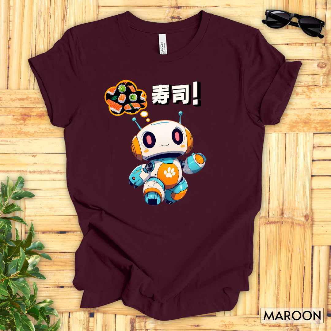 Kawaii Robot Thinking of Sushi T-Shirt__Maroon__ Mockup Unisex T-Shirt