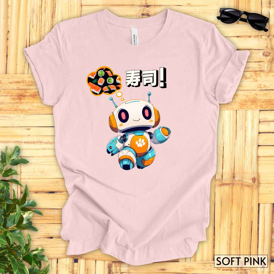 Kawaii Robot Thinking of Sushi T-Shirt__Soft Pink__ Mockup Unisex T-Shirt