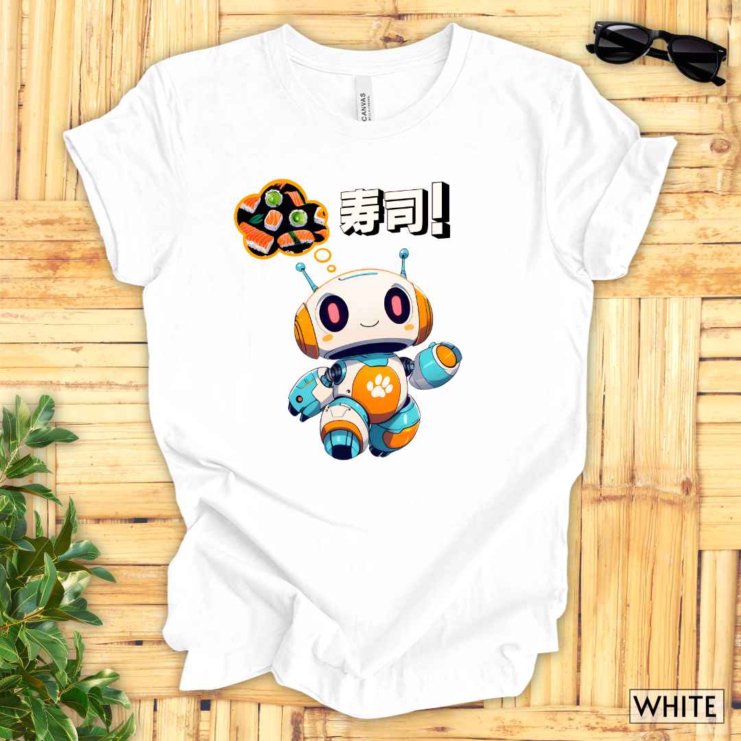 Kawaii Robot Thinking of Sushi T-Shirt__White__ Mockup Unisex T-Shirt