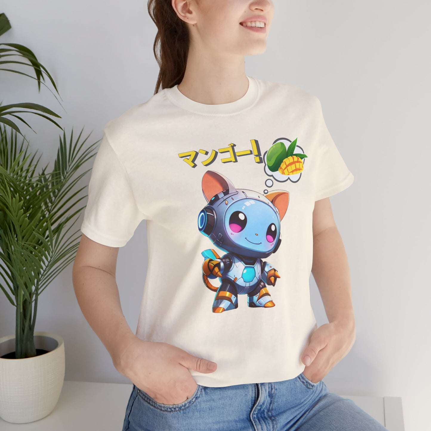 Kawaii Animal Robot Thinking of Mangoes T-Shirt__Natural__ Lifestyle Unisex T-Shirt