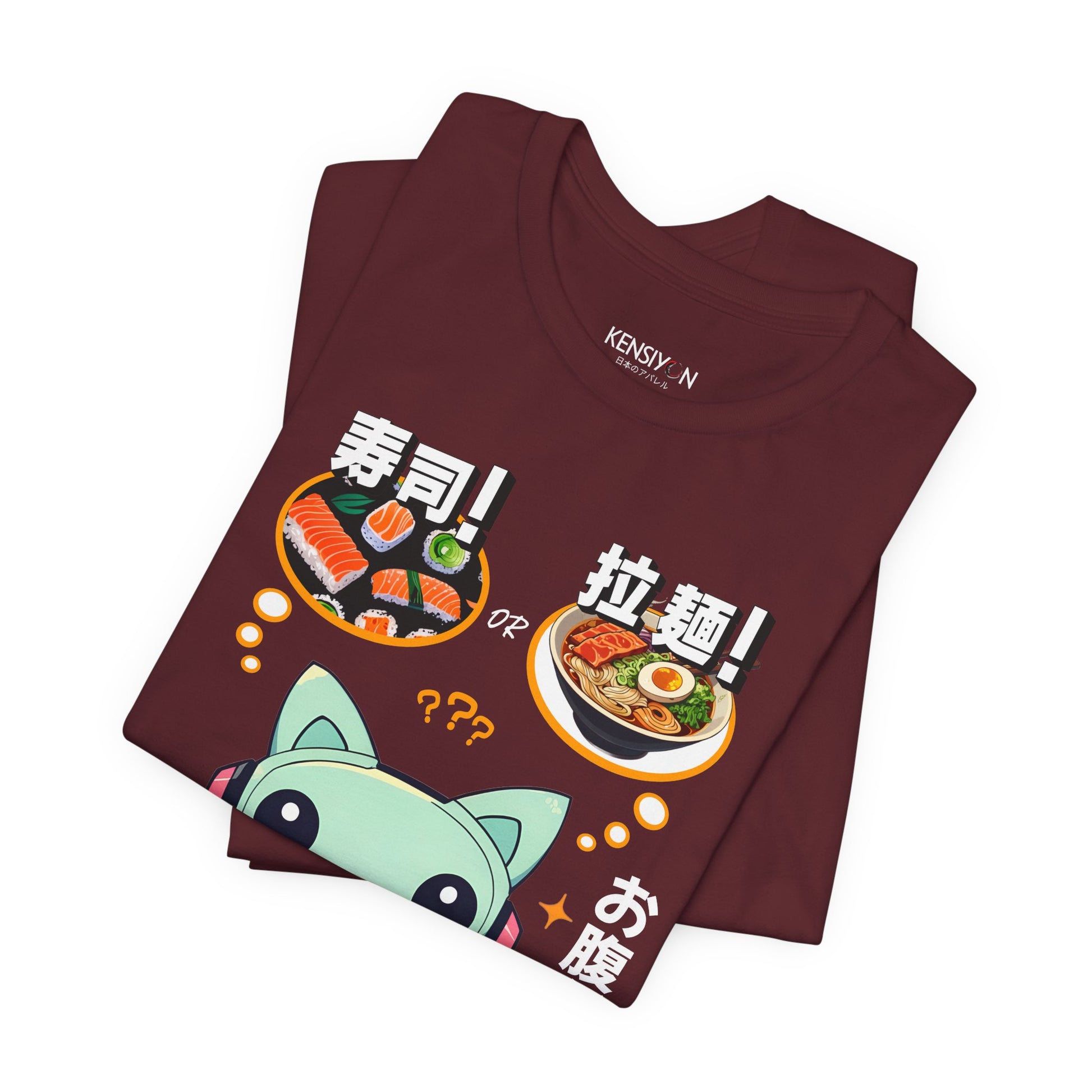 Kawaii Animal Robot Deciding Between Sushi or Ramen T-Shirt__Maroon__ Folded Unisex T-Shirt